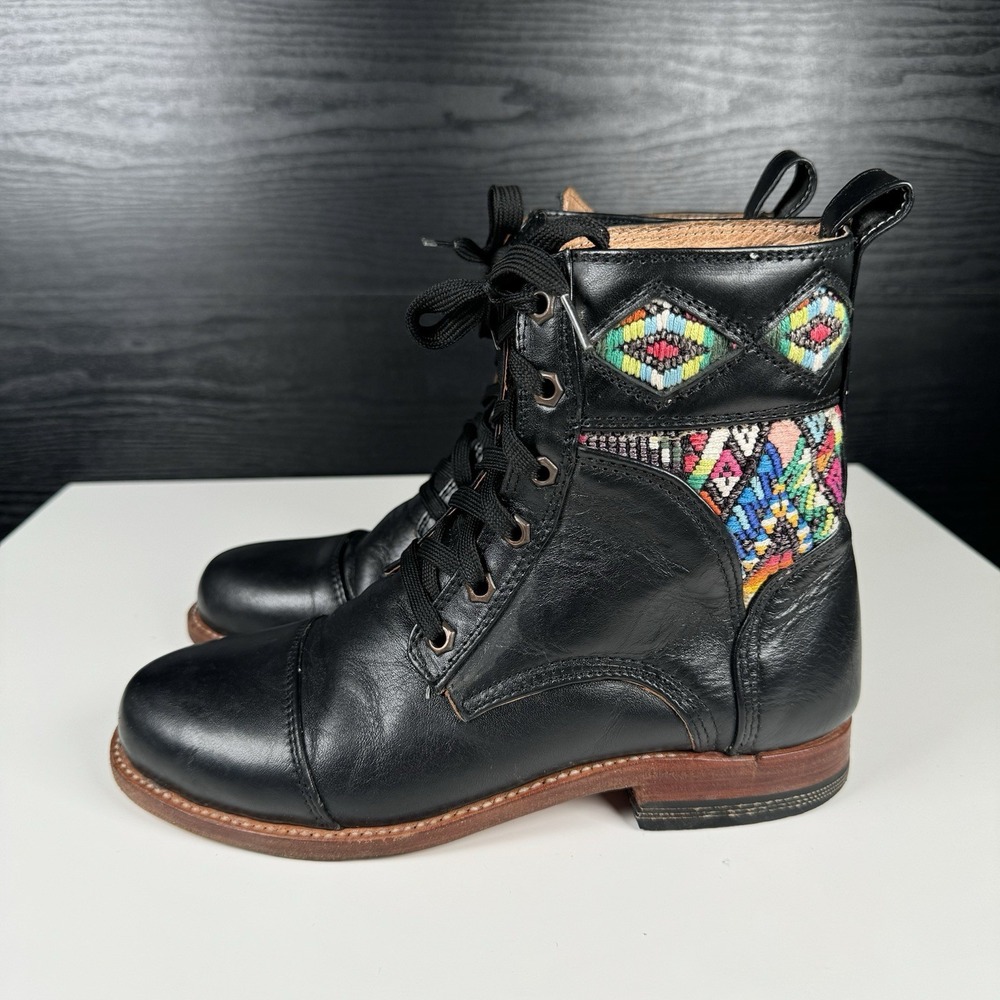 Black Leather Combat Boots Guatemalan Woven Lace-Up BOBO Women's 7